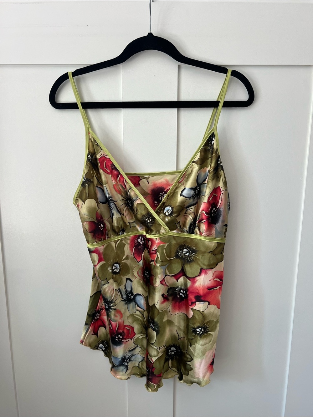 VINTAGE Floral Satin Silk Cami Tank Top - Olive & Red Y2K - Picture 6 of 6